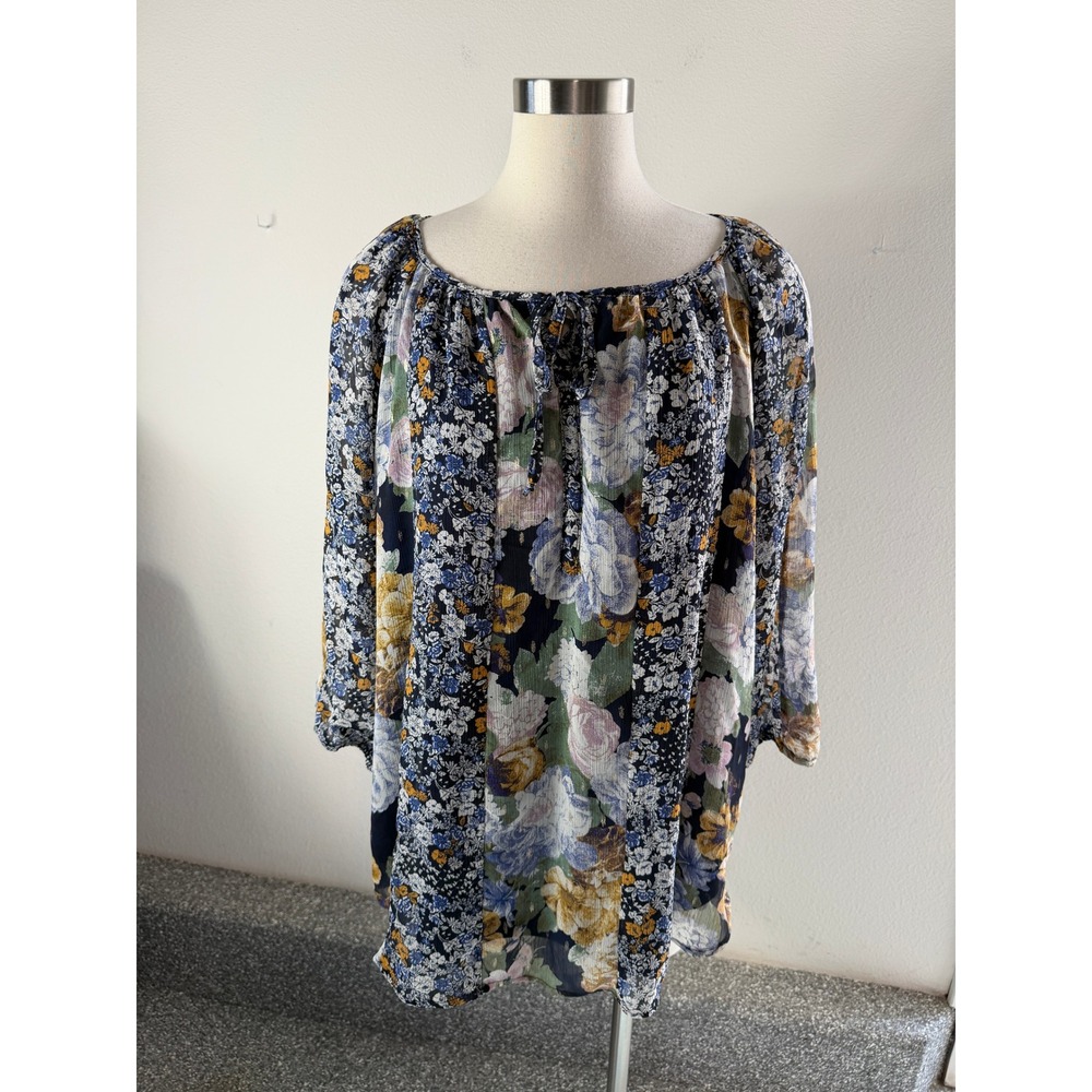 Fig and Flower Womens Plus 2X Floral Peasant Blouse Navy Blue Tunic Top